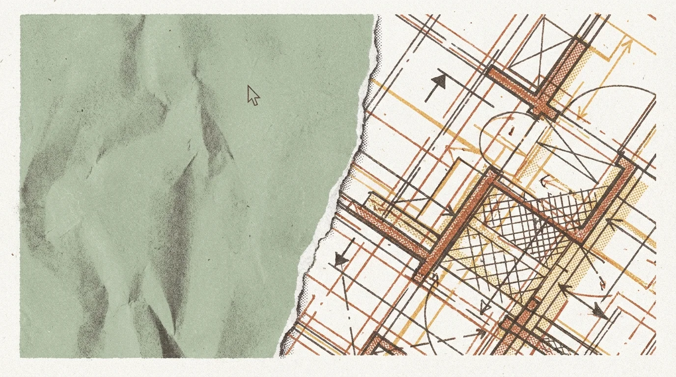 Torn paper with a blank crumpled half and a structured blueprint half, contrasting empty starts with guided planning