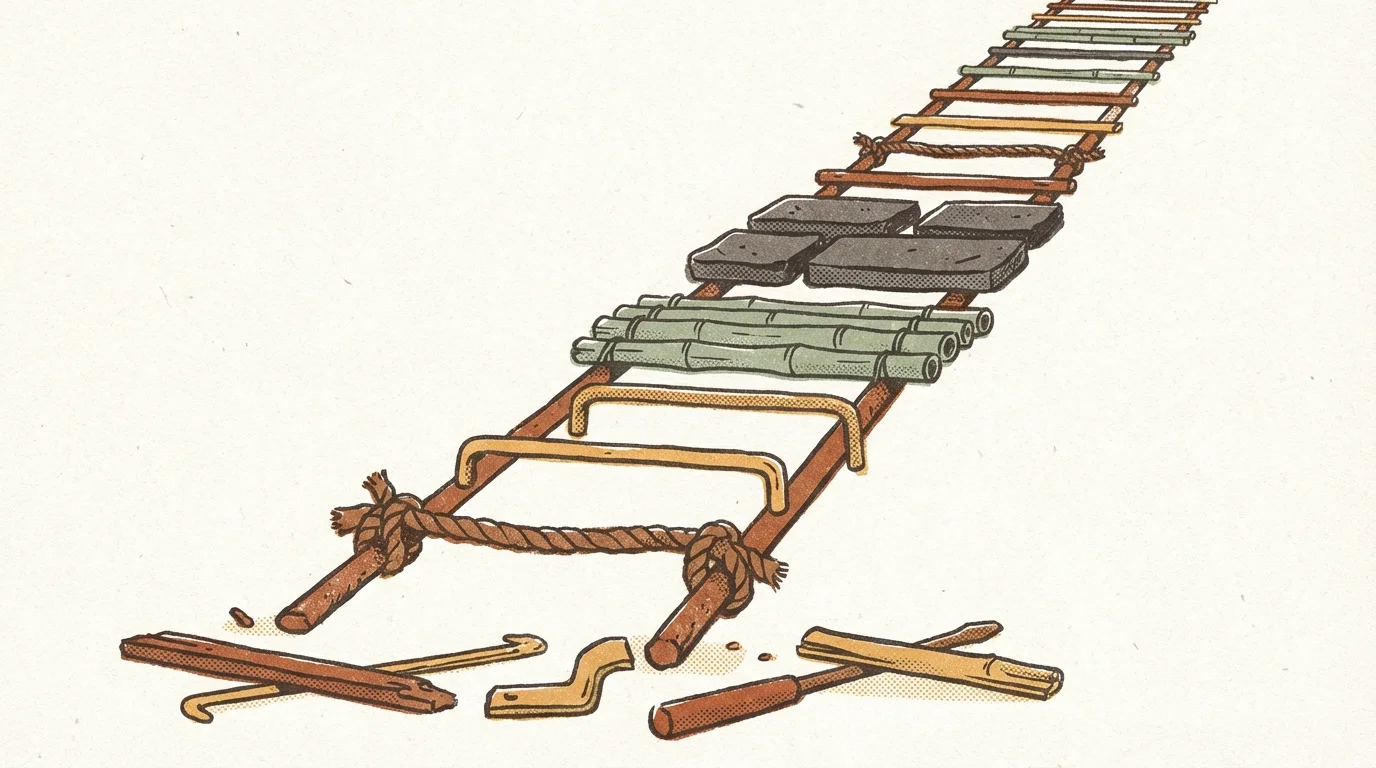 A ladder with rungs made of different materials — rope, bamboo, metal, stone — being built while climbing