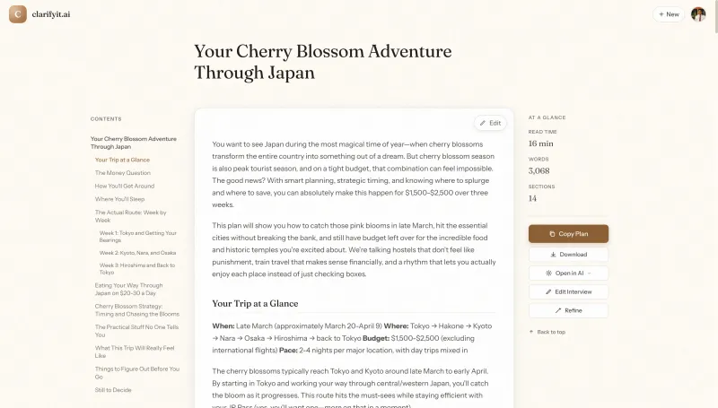 The plan page sidebar showing the Copy Plan button, Download, and Open in AI options
