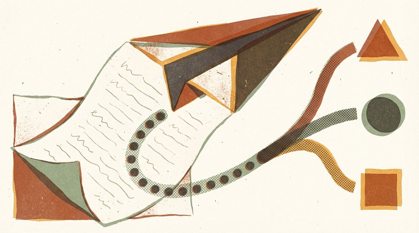 A paper document folding into a paper airplane with its flight path branching into three directions
