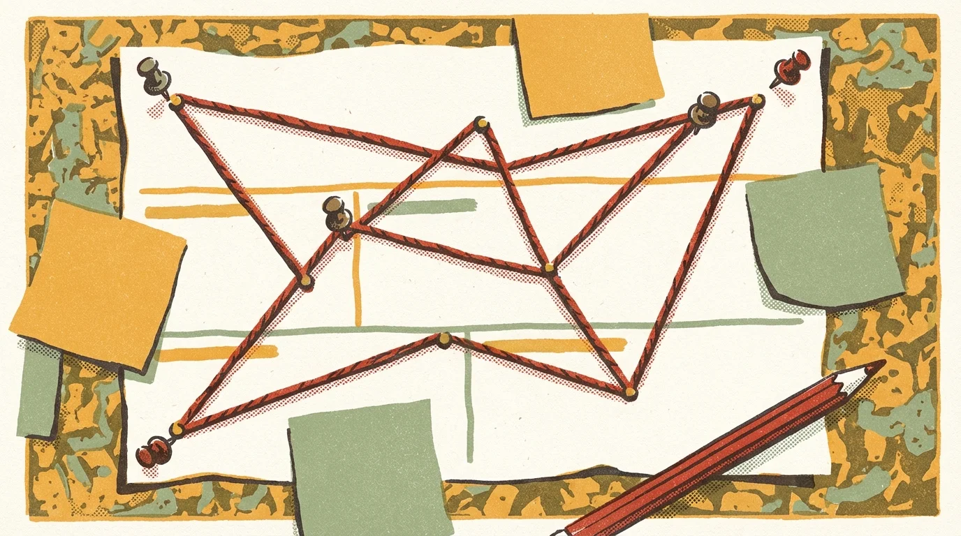 Red thread connecting pushpins on a corkboard document, mapping the relationships in a product spec