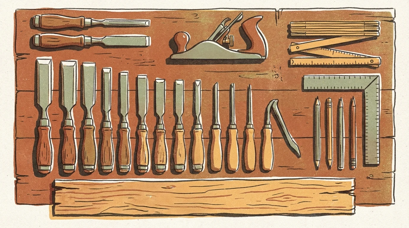 Carpentry tools laid out in neat rows on a wooden workbench, representing careful preparation before building