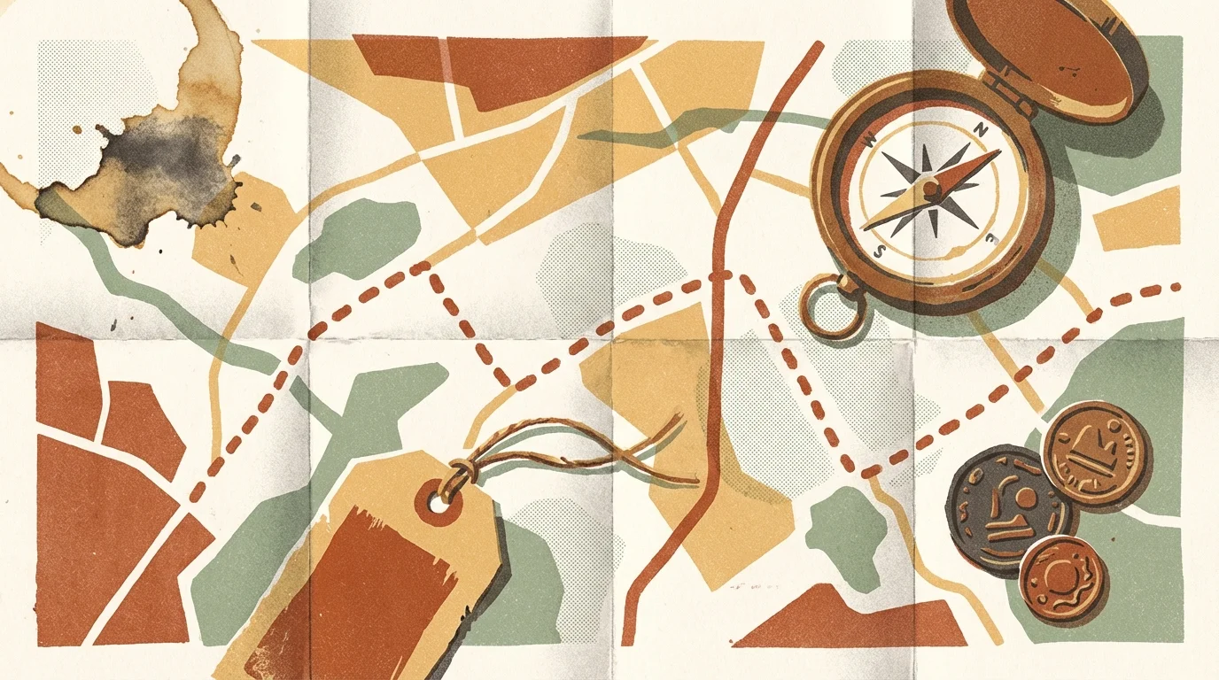 Folded road map with a dotted route, brass compass, luggage tag, and foreign coins